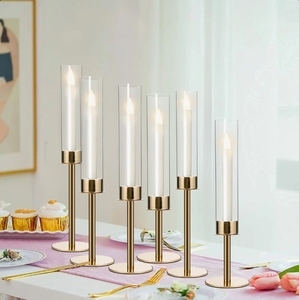 Ensemble de bougeoirs en métal doré avec cheminée en verre, chandelier moderne haut, centre de table de mariage, décoration - Product Image 3