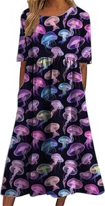 Vestido Midi Boho para Mujer 2025, Vestido de Playa de Manga Corta con Estampado de Peces Marinos, Vestidos de Verano con Bolsillos - Product Image 3