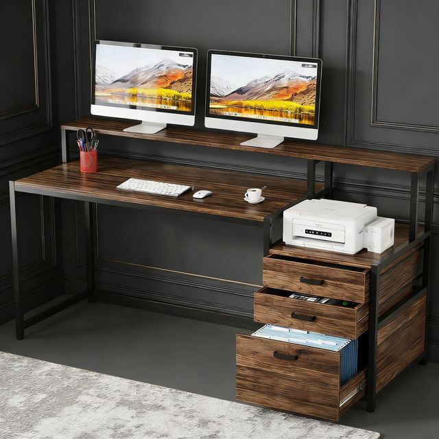 Ergonomic Office Desk with Drawers and Monitor Stand Computer Desk