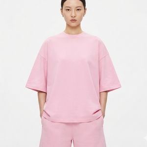 Camiseta Rosa de Cuello Redondo para Mujer, 100% Algodón, Corte Holgado, Manga Corta, Estilo Minimalista, para Primavera/Verano, Ecológica - Product Image 4