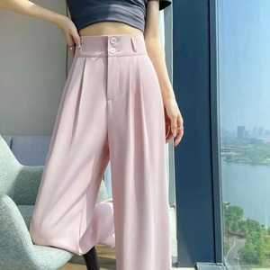 กางเกงขายาวเอวสูงทรงขากว้างผ้าซาตินสำหรับผู้หญิง สีพื้น จับจีบ ทรงหลวม กระดุมผ่าหน้า สไตล์มินิมอลสำหรับฤดูร้อน - Product Image 6
