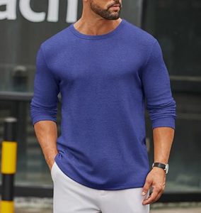 Chemise décontractée tricotée à manches longues pour homme, bleue, couleur unie, respirante, col en V, manches longues, pour le printemps, col rond décontracté pour homme - Product Image 4