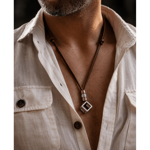Vintage Alloy Cube Pendant Necklace for Men & Boys with Adjustable Pure Leather Cord - Product Image 1