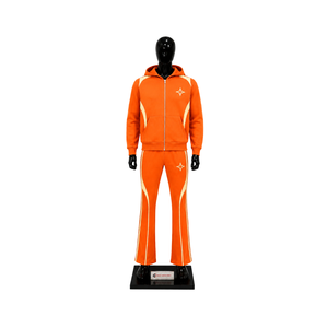 Ensemble de survêtement orange personnalisé pour homme, sweat à capuche zippé avec empiècements blancs contrastants, pantalon évasé, ensemble deux pièces de sport, vente en gros OEM Streetwear - Product Image 1