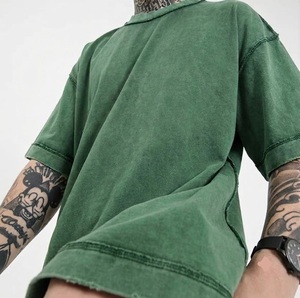 Nouveaux T-shirts pour hommes en coton 100% 180 grammes, à manches courtes, tricotés, respirants, teints unis, délavés à l'acide, style streetwear - Product Image 4