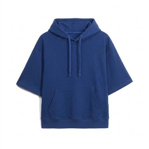 Unisex Hooded Short Sleeve Sweatshirt Loose Fit Solid Blue Pullover <b>Hoodie</b> with Kangaroo Pocket Casual Top - Product Image 1