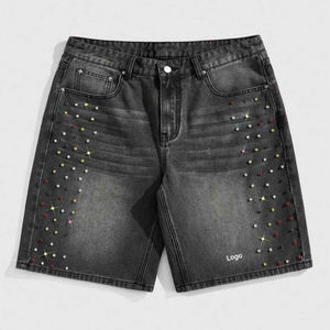 Pantalones Cortos de Mezclilla Personalizados para Hombre, Cintura Media, con Decoración de Diamantes de Imitación, Estilo Casual Urbano, 100% Algodón, Cierre de Botones, Logotipo Frontal - Product Image 1