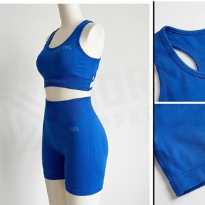 North Approach 2 Piece Yoga Set <b>Blue</b> Seamless <b>Crop</b> <b>Top</b> High Waist Shorts Scoop Neck Crisscross Straps Sportswear - Product Image 3