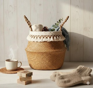 Cesta Decorativa de Mimbre con Detalles Superiores de Macramé Blanco, Perfecta para Almacenamiento en el Armario de Lavandería, Juguetes y Organización de Habitaciones - Product Image 5