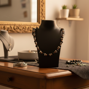 Collar de Cuentas de Madera Talladas, Arte Popular, Patrón Blanco, Negro y Naranja, Joyería Artesanal, Tamil Nadu, KOTTRAVAI - Product Image 5