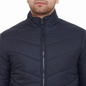 Men's Dark Blue Puffer Jacket Stand Collar <b>Covered</b> <b>Button</b> Closure Windproof Casual Regular Fit Polyester Wadding Patchwork - Product Image 4