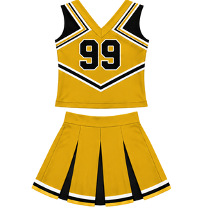 Ensemble d'uniforme de cheerleading jaune doré, noir et blanc, avec crop top sans manches à col en V et jupe plissée, pour spectacle de danse et équipe de cheerleading - Product Image 2