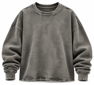 T-shirt Homme Vintage en Maille Gaufrée Délavée, Coupe Oversize, Col Rond, Manches Longues, Ourlet Effiloché, Style Décontracté Streetwear - Product Image 2