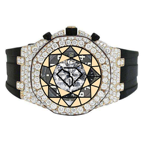 Reloj de pulsera personalizado estilo Hip Hop con bisel arcoíris, diamantes de laboratorio, caja redonda de 46 mm, oro rosa, pavé completo y correa de caucho negra. - Product Image 1