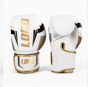 Gants de boxe en cuir blanc avec impression dorée, fermeture Velcro, pour adultes, équipement d'entraînement d'arts martiaux, design respirant - Product Image 1