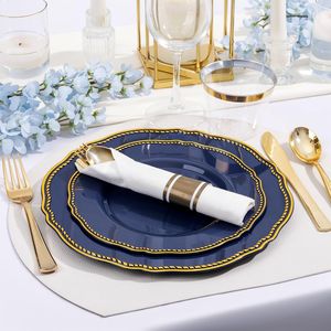 Blue Gold Plastic Plates <b>Dinnerware</b> Set 350pcs Disposable Party Supplies Kits Includes 50 Dinner 50 Dessert 50 Cups - Product Image 5