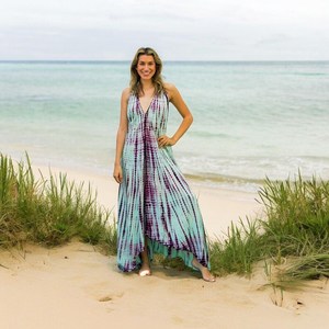 Elegante y Sencillo Vestido Maxi de Rayón con Estampado Tie-Dye para Verano, Uso Casual Nocturno, Patrón Liso con Decoración de Botones, Venta al por Mayor para Vacaciones en la Playa - Product Image 1