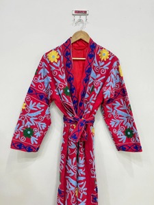 Bata de algodón hecha a mano con bordado floral rojo, manga larga, cuello mandarín, informal, de longitud completa, para mujer, para otoño - Product Image 3