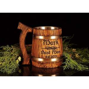 Wooden Beer Mug Laser Engraved Best Man Wedding Gift Classic Vintage Design with Handle - Product Image 1