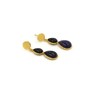 Natural <b>Black</b> Onyx and Purple Amethyst Dangle <b>Earrings</b> Handmade Gold Plated Statement <b>Earrings</b> Pear Gemstone Disc Drop <b>Earrings</b> - Product Image 2