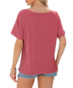 T-shirt col en V 100 % polyester de haute qualité pour femme, grande taille, uni, anti-boulochage, décontracté, design unique, prix de gros - Product Image 2