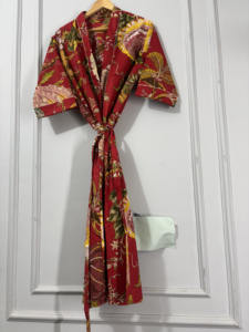 Bata de Baño de Algodón Indio Hecha a Mano para Mujer, Kimono Elegante con Estampado Floral, Cuello en V, Larga, Ligera, de Secado Rápido, Ropa de Dormir Cómoda - Product Image 3