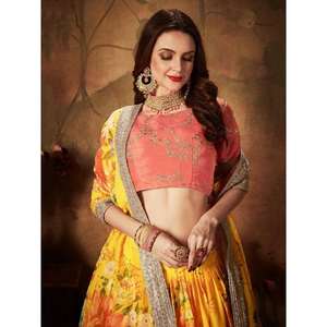 Amarillo Digital Impreso Organza Seda Boda Lehenga Choli Con Blusa Naranja - Product Image 5