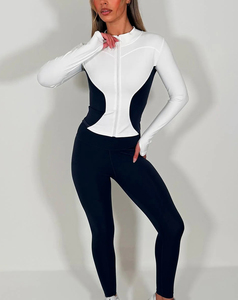 Ensemble de yoga 2 pièces pour femme, couleur contrastée, avec fermeture éclair sur le devant, leggings taille haute, en spandex et polyester, anti-transpiration - Product Image 1