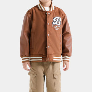 Brown Embroidered Bomber <b>Jacket</b> <b>varsity</b> style outerwear for <b>boys</b> and men with stripe collar cuffs and flap pockets - Product Image 1