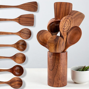 Juego de utensilios de cocina de madera rústica – Herramientas de cocina hechas a mano con soporte – Cucharas y espátulas ecológicas - Product Image 4