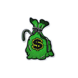 Green Money Bag Embroidered Patch Iron-On Applique Irregular Shape Cartoon Design Fabric Patch - Product Image 1