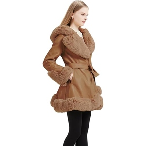 Abrigo Largo de Cuero Genuino con Forro de Piel para Mujer, Elegante, de Lujo, para Invierno, con Cinturón, Proveedor de Ropa al por Mayor Personalizada - Product Image 5