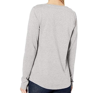 Camiseta de Manga Larga con Cuello en V para Mujer, Color Gris, 100% Algodón Jersey, Corte Regular, Color Sólido Informal, Transpirable, para Todas las Temporadas - Product Image 2