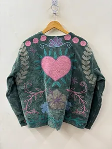 Bohemian Soft <b>Velvet</b> Suzani Embroidered <b>Jacket</b> with Floral And Heart Pattern Full Sleeve O-Neck <b>Women's</b> Winter Outerwear - Product Image 3