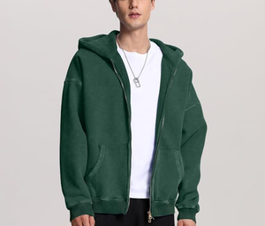 Sudadera con capucha para hombre, de venta directa de fábrica, OEM, con logotipo personalizado, doble cremallera completa, oversize, de felpa lavada al ácido, 100% algodón, gruesa, 380 GSM - Product Image 1