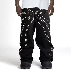 Jean droit noir pour homme, coupe ample, avec rivets décoratifs, style hip-hop, en denim de coton mi-lourd, idéal pour le printemps - Product Image 3