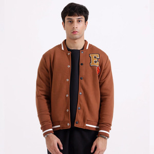 Chaqueta Letterman Marrón para Hombre con Letra E Bordada, Estilo Único, Cuello Camisero, Manga Regular, Algodón y Fibra de Bambú, para Otoño - Product Image 1
