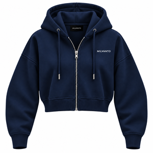 Midnight Navy Premium Custom Women's Drop Shoulder <b>Cropped</b> Oversized <b>Zip</b> <b>Up</b> Winter <b>Hoodie</b> Custom Design 100% Cotton Fleece Hoodi - Product Image 1