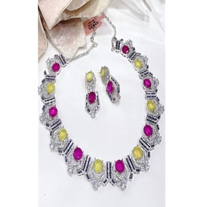 Royal Premium Quality CZ <b>Statement</b> Doublet Stones Look With Adjustable Back Chain <b>Necklace</b> and Earrings Set for Women - Product Image 1