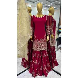 DESIGNER GEORGETTE BRODERIE SÉQUENCE TRAVAIL TOP SHARARA AVEC DUPATTA ROUGE - Product Image 1
