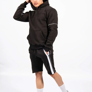 Conjunto de Sudadera con Capucha y Pantalones Cortos Negros para Hombre, Sudadera de Felpa Francesa de Color Sólido con Raya Blanca, Ropa Deportiva Informal de Verano - Product Image 4