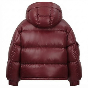 Custom Logo Men's Cropped Puffer Jacket men Maroon Glossy Oversized Hooded <b>Quilted</b> Padded Short Winter Sleeve Pocket OEM - Product Image 2