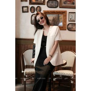 Women's HAGOO Solid Loose-Fitting Wool Blend Blazer Embroidery V-Neck Collar Pockets Short Sleeves Office Commute Outerwear - Product Image 4