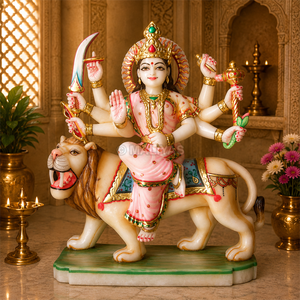 Pure White Marble Durga Idol on Lion | Graceful Multi Armed Goddess Sculpture with Pink Attire and Golden Crown by MALIYAS Jaipu - Product Image 3