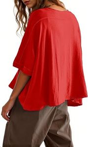 Oversized <b>Cropped</b> T-Shirt Women Solid Color Batwing Sleeve O-Neck Loose Fit Plus Size Casual <b>Top</b> <b>Red</b> - Product Image 6