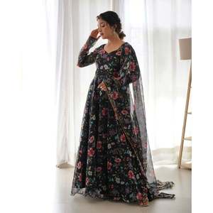 Attractive Tubby Organza Digital Print Handwork Gown Pant with Dupatta Black - Product Image 1