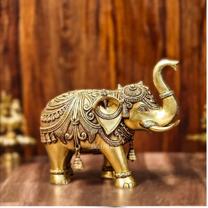 Ornate brass <b>elephant</b> figurine adorned with royal details and tiny hanging bells. Beautiful gift available At Wholesale Cheap pr - Product Image 1