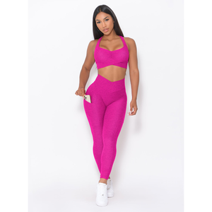 Conjunto de Leggings y Sujetador Deportivo para Mujer, Color Rosa Ultra, de Alta Calidad, con Bolsillos, 2 Piezas, Cintura Alta, para Yoga y Ejercicio - Product Image 4