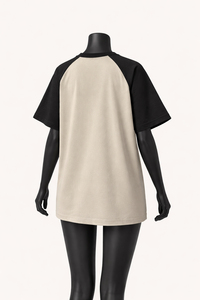 Women's Beige And Black <b>Raglan</b> Sleeve Crew Neck T-Shirt Loose Fit Casual Jersey Cotton Solid Color Contrast Trim - Product Image 3