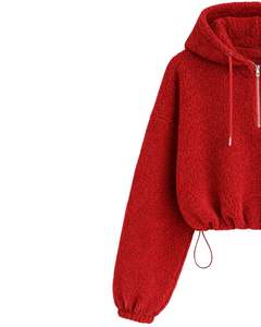Sweat à capuche court en polaire texturée rouge personnalisé, avec fermeture éclair quart de tour, ourlet à cordon de serrage réglable, style streetwear décontracté, pull chaud pour homme, logo personnalisé - Product Image 2